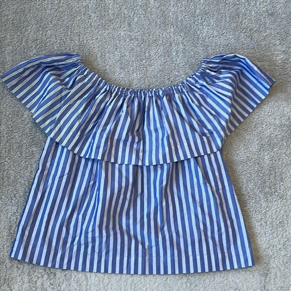 EC Wilfred Off the Shoulder Navy White Stripe Ruffled Top - Size Small - Picture 1 of 3